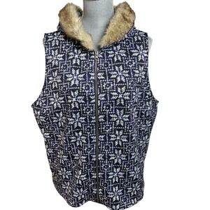 Talbots Knit Vest‎ Full Zip Navy Blue Faux Fur Trim Hood Snow Flake Nordic 2X